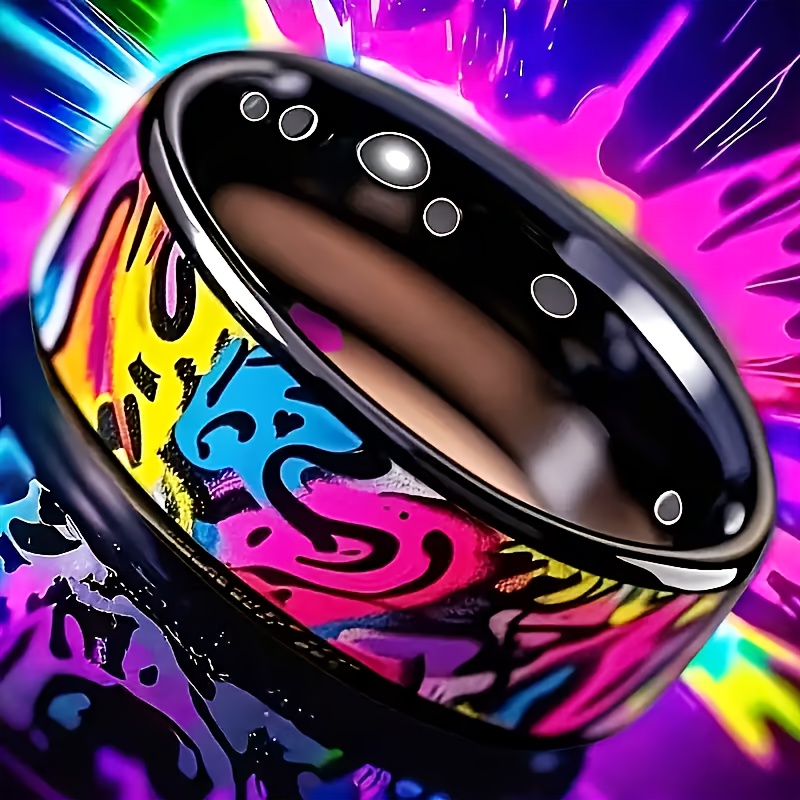 Women's 8mm Colorful Graffiti Inspired Stainless Steel Ring